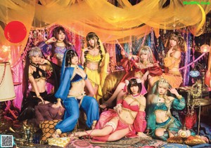 A group of women dressed in oriental clothing posing for a magazine cover.