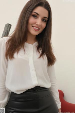 A woman in a black dress sitting on a white couch.