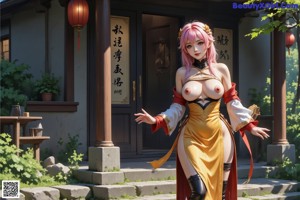 A woman in an elaborate outfit stands by a window with autumn leaves falling.