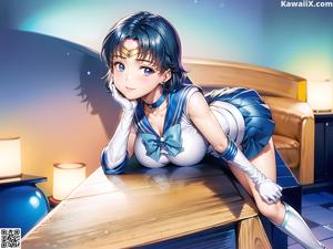 Anime girl with long purple hair sitting on a table.