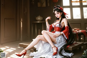 A woman in a red and white outfit is posing for a picture.