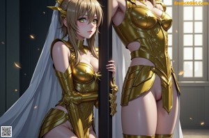 A woman in a gold outfit and boots standing in front of a window.