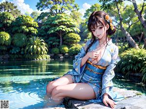 A woman in a kimono sitting on a bench.