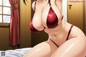 A woman in a pink bathing suit sitting on a bed.