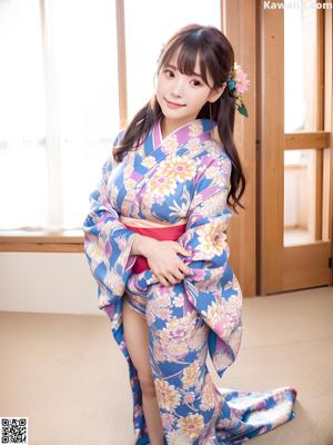 A woman in a blue kimono and a straw hat posing for the camera.