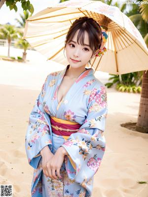 A woman in a blue kimono sitting on a bed.