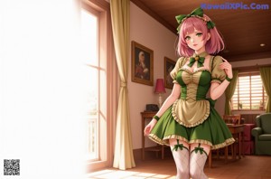A woman in a green and white dress and stockings.