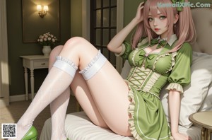 A girl in a green dress with a flower in her hair.