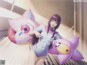 A woman sitting on top of a wooden chair.