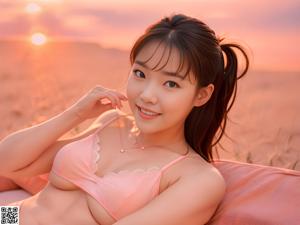 A woman in a pink bikini sitting on a wooden bench.