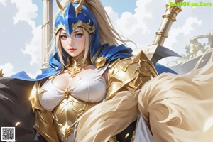 A woman with long blonde hair and blue eyes holding a sword.