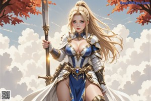 A woman in a white and blue outfit holding a sword.