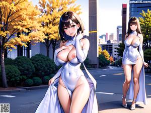 A naked anime girl in a blue dress standing in a field of sunflowers.