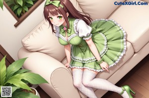 A woman in a green dress sitting on a chair.