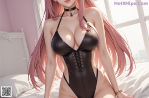 A woman in a black bikini sitting on a chair.