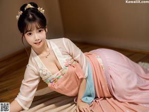 A young girl wearing a yellow and blue hanfu dress.
