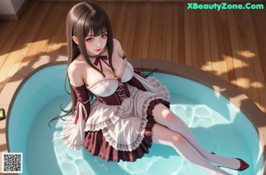 a woman in a red and white dress standing on a bed