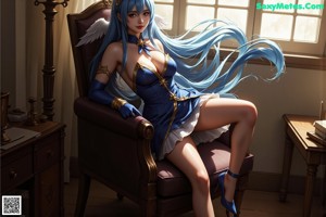 A woman with long blue hair standing in front of a window.