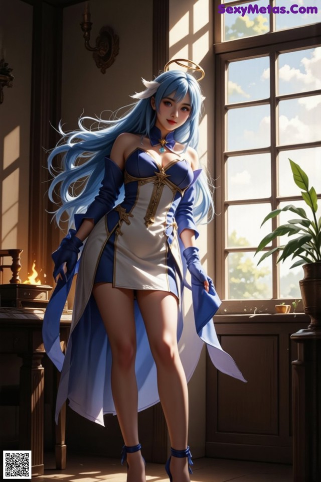 Hentai - Captivating Grace of the Cosmic Maiden Set.2 20250125 Part 9 No.a4cfbf A woman in a blue and white dress standing in front of a window.