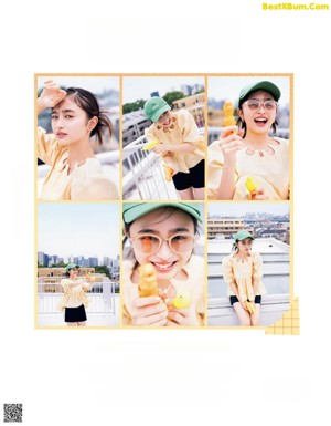 A magazine spread with a collage of photos of a girl.