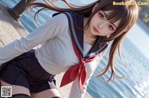 A woman in a school uniform is posing for a picture.