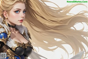 A woman with long blonde hair standing in front of a cloudy sky.