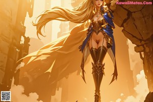 A woman with long blonde hair standing in front of a cloudy sky.