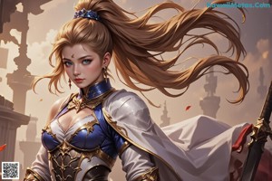 A woman in armor holding a sword in her hand.