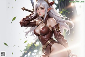 A woman with long white hair wearing detailed armor and a belt.