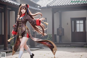 A woman in a brown and red outfit holding a sword.