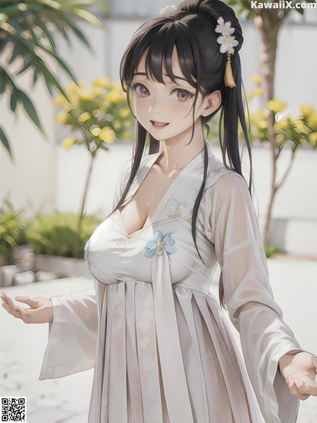 A woman in a white dress with a flower in her hair.