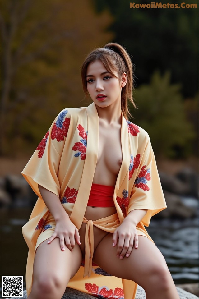 A woman in a yellow kimono sitting on a rock by the water.