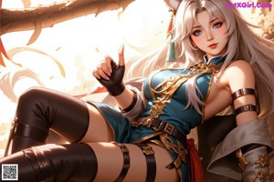 A woman in a blue and white outfit posing for a picture.