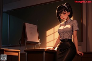 A woman in a business suit sitting on a chair.