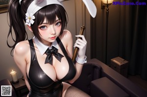 A woman in a bunny suit sitting on a bed with a plate of food.