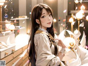 A woman in a white dress sitting on a wooden bench.