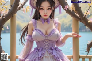 a woman with long black hair wearing a white dress