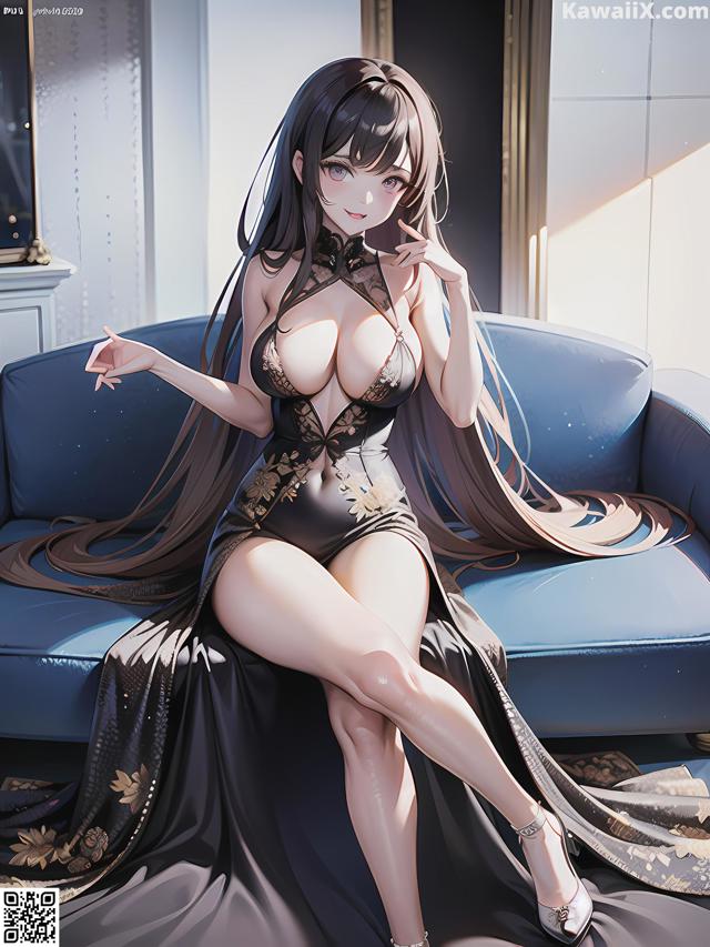 Hentai - 华彩繁花 Set 2 20230602 Part 33 No.6c3d1c A woman sitting on a blue couch in a black dress.