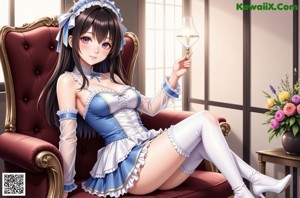 A woman in a blue and white dress sitting on a wooden bench.