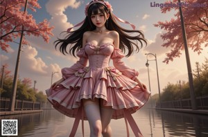 A woman in a pink dress is walking through a field of flowers.