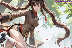 A woman in a brown and black outfit holding a sword.