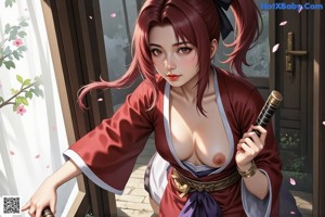 A woman in traditional attire stands outdoors with a sword, surrounded by blooming pink flowers and greenery.