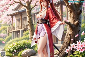 A woman in traditional attire holds a sword, standing on a path with cherry blossoms.
