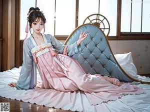 A woman in a blue and white dress sitting on a couch.