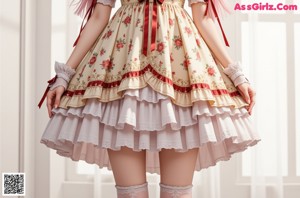 a woman in a red and white dress and stockings