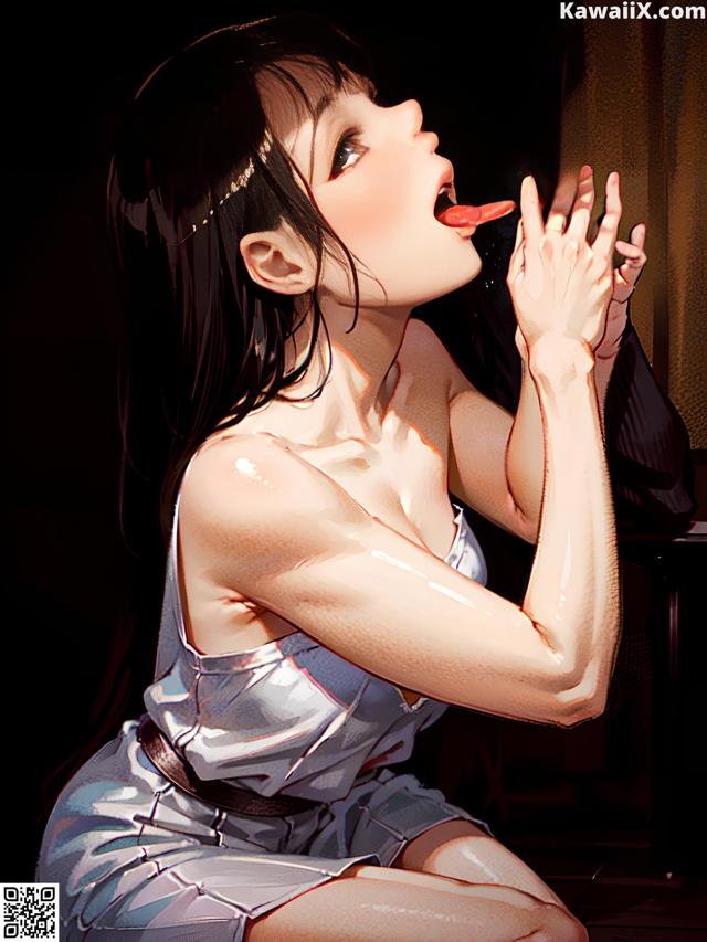 A woman in a blue dress sitting on the floor with her tongue out.