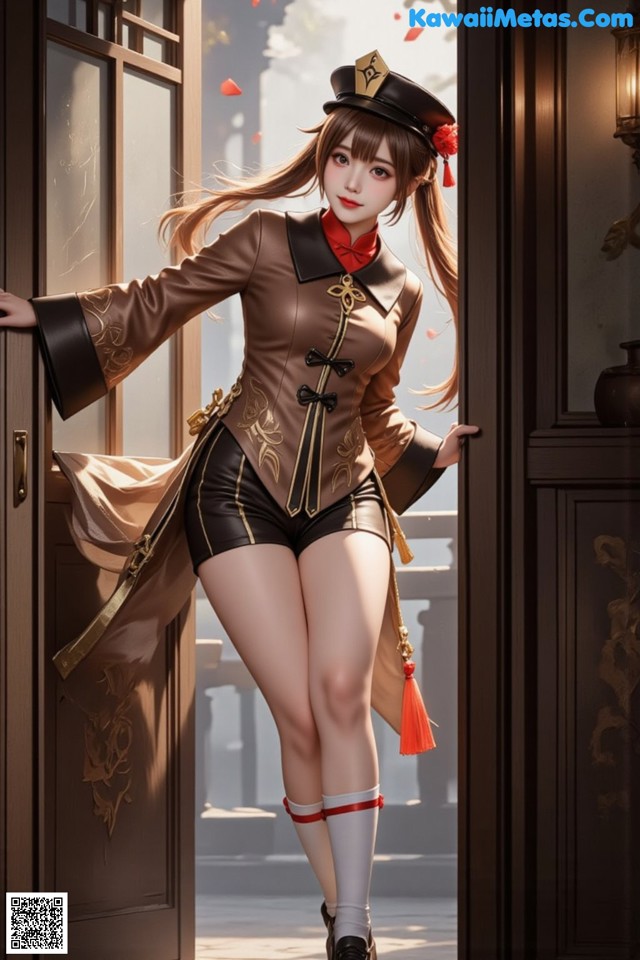 A woman in a brown jacket and black shorts standing in front of a door.