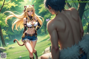A woman in a white top and blue shorts holding a sword.