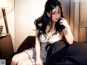 A woman in a white dress sitting on a bed.