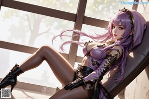 A woman with long purple hair wearing a purple hoodie.